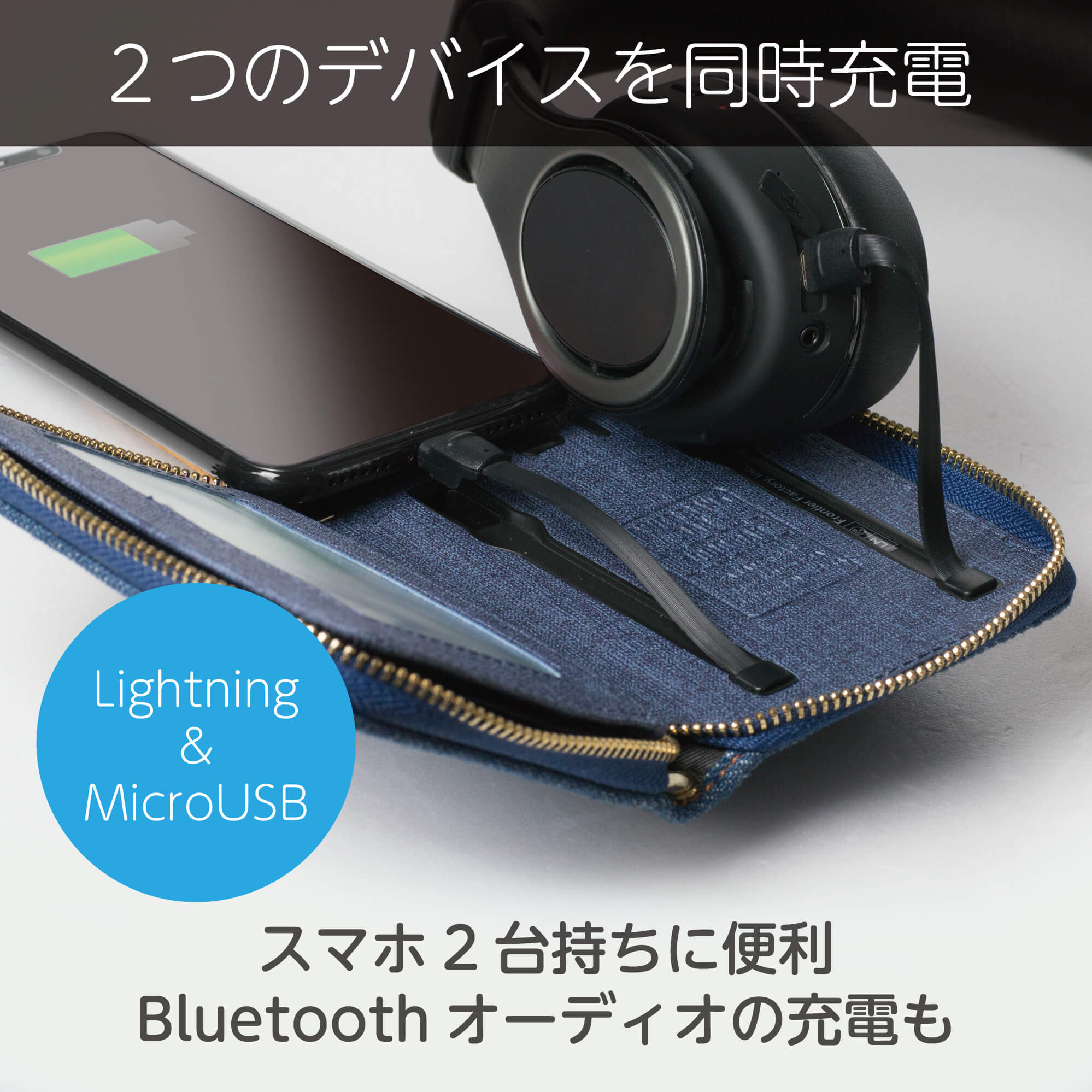 RZSB｜4000mAh iPhone/Android同時充電 コインケース型 デニム調（ライトブルー）